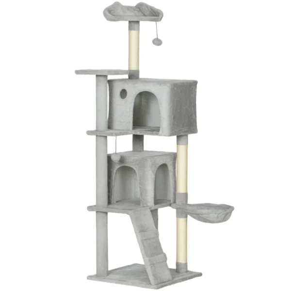 Cat Tree, 160 cm Tall, with 2 Cat Houses, Hammock, Bed and Sisal Posts, Grey