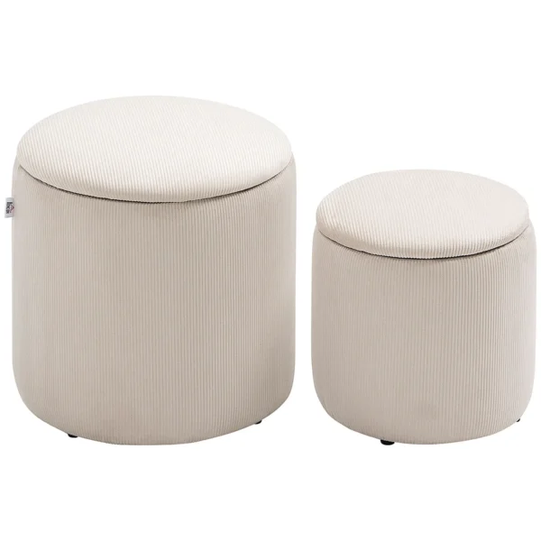 Set of 2 Round Corduroy Storage Ottomans, White