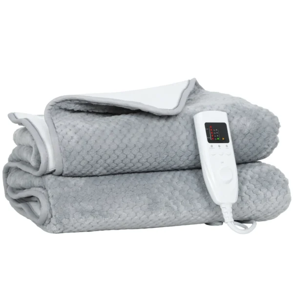 Electric Blanket 160x140 cm with 5 Heat Levels and 2 Remote Controls, in Fleece and Polyester, Grey