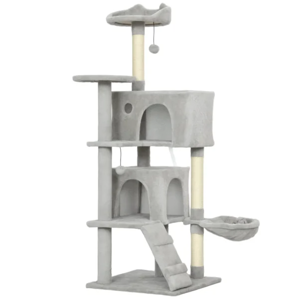 Cat Tree, 140 cm Tall, with 2 Cat Houses, Hammock, Bed and Sisal Posts, Grey