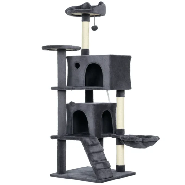 140cm Tall Cat Tree with 2 Houses, Bed and Hammock for 2-3 Cats, Plush Cover, Grey