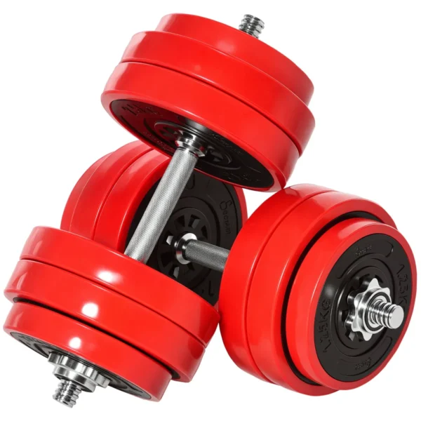 2-in-1 Barbell and Dumbbell Set, 30kg Weights, Discs with Scratch-Resistant Plastic Coating, Red and Black