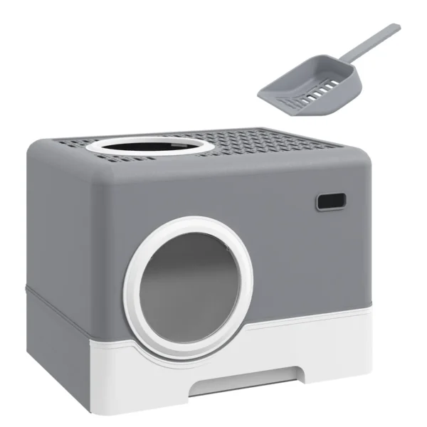 Cat Litter Box with Lid and Scoop, Double Entrance and Removable Tray, 52x41x38.5 cm, Grey