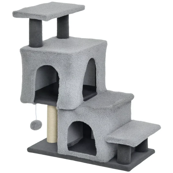 4-Step Height-Adjustable Cat Ladder with 2 Cat Houses, Scratching Post and Ball, Grey