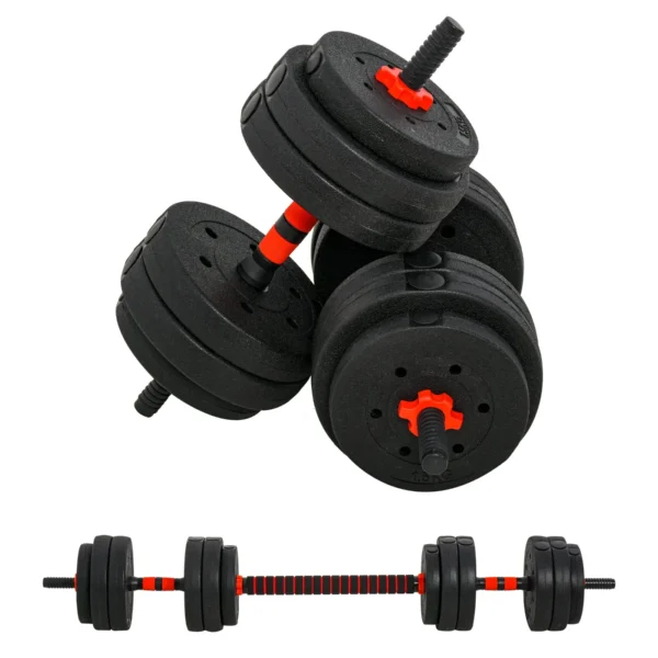 Set of 2 Dumbbells Convertible into a Barbell, 25kg Total with 12 Steel and Plastic Weight Discs for Home Training