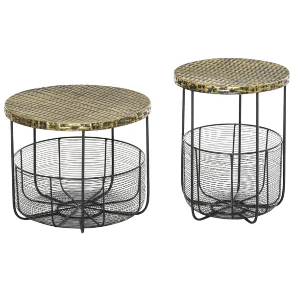 Set of 2 Metal Garden Coffee Tables with Baskets, Industrial Style Outdoor Furniture in Black