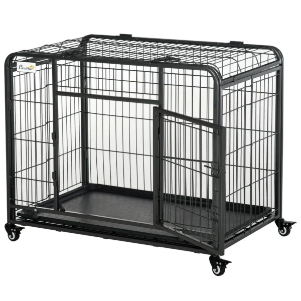 Kennel Folding Double Door Dog Cage with Lock, 4 Wheels with Brake and Removable Bottom, 109.5x71x78cm