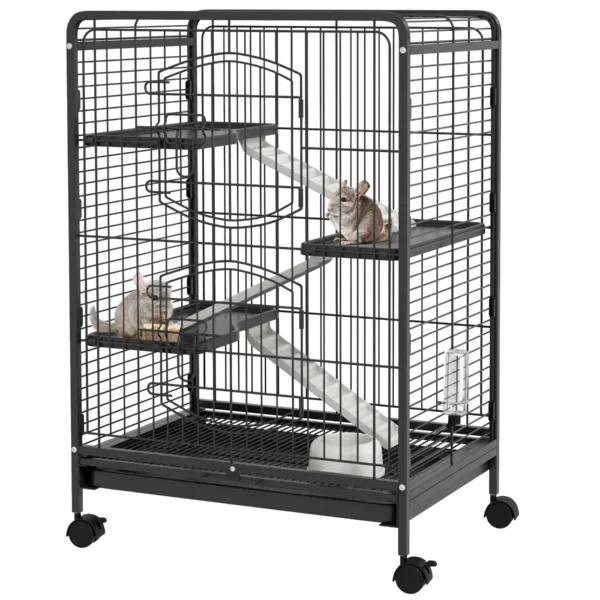 Small Animal Cage with Wheels, Rabbit and Chinchilla Cage with 3 Ramps and 3 Platforms, Bowl and Bottle, 61.5x44x95 cm, Black