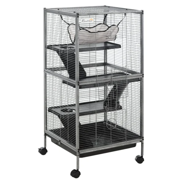 Small Pet Cage, Steel Guinea Pig and Chinchilla Cage with 3 Levels, 4 Wheels, Hammock and Removable Tray, 52 x 52 x 113.5cm, Silver Grey