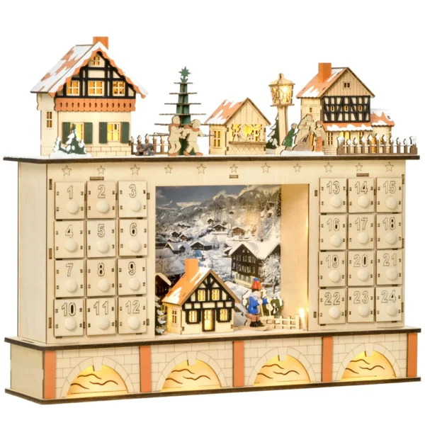 Wooden Advent Calendar with 24 Drawers to Fill, Christmas Village Decoration and Lights, 44x10x37cm