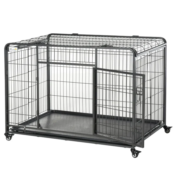 Kennel Folding Dog Cage Double Door with Lock 4 Wheels with Brake and Removable Bottom, 125x76x81cm