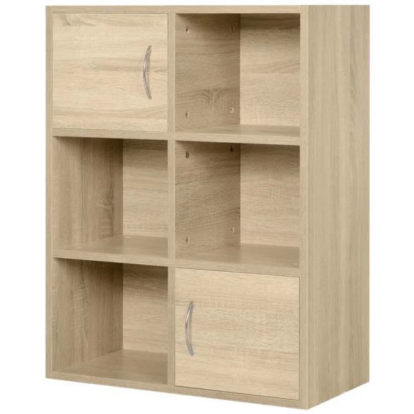 Wooden Bookcase, Multipurpose Cabinet with 3 Shelves, 4 Compartments and 2 Doors, 61.5x29.5x80cm
