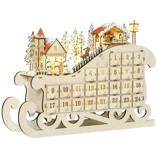 Wooden Sleigh Advent Calendar with 24 Fillable Drawers, Decorations and LED Lights, 45x10x31cm