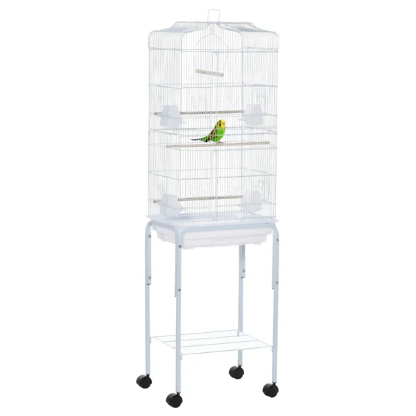 Bird Cage, Metal and Steel Aviary with Wheels, Perches and Bowls, 46.5x36x157cm, White