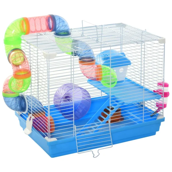 2-Tier Hamster Cage with Water Tank, Tray, Tube and Hamster Wheel, 46x30x37 cm