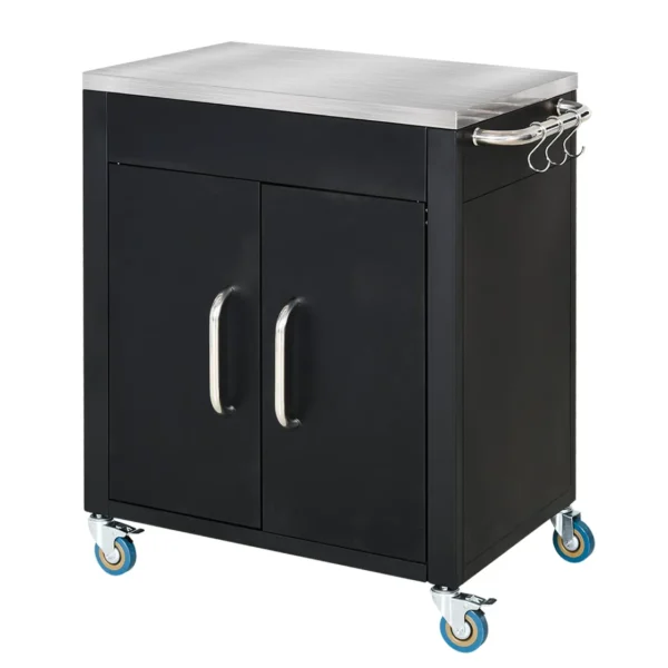 Stainless Steel Kitchen Cart with Storage Cabinet and 6 Hooks, 86x50x86.5 cm, Black