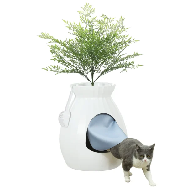 Odor-Resistant Cat Litter Box with Scoop, Pot-Shaped, Made of ABS and Stainless Steel, 50x48.5x58.7 cm, White