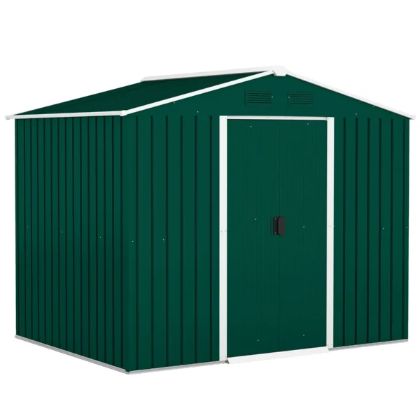 3.6m² Steel Sheet Garden Shed with 2 Sliding Doors and 4 Air Vents, 236x174x190cm, Green