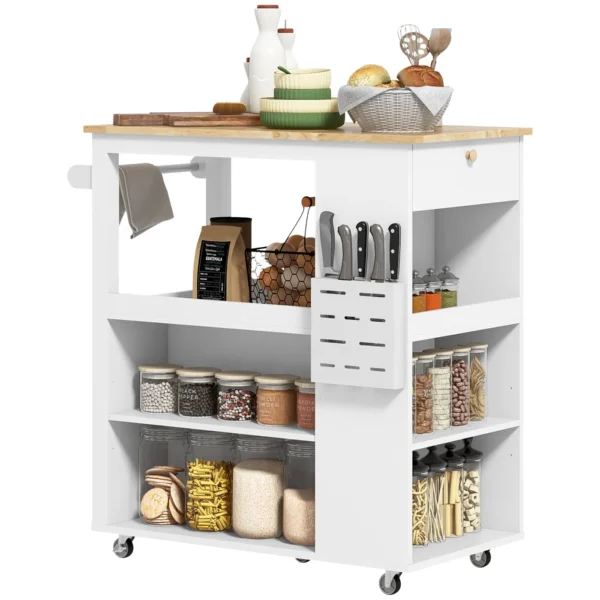 Kitchen Island Cart with Adjustable Shelves, Knife Holder and Wooden Top, 86.5x47x88 cm, White