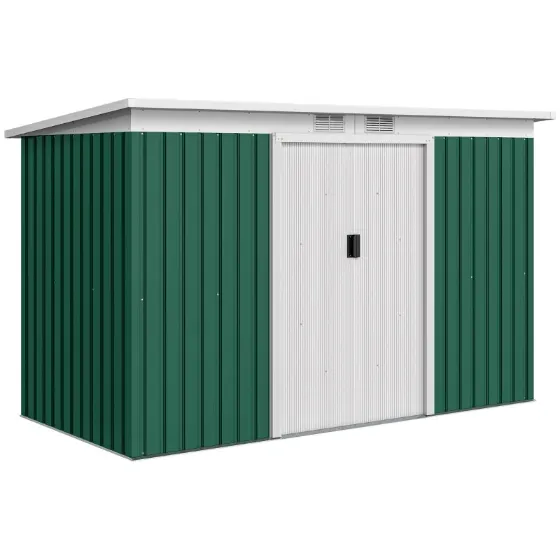 Steel Sheet Garden Tool Shed with Sliding Doors, 280x130x172cm, Dark Green