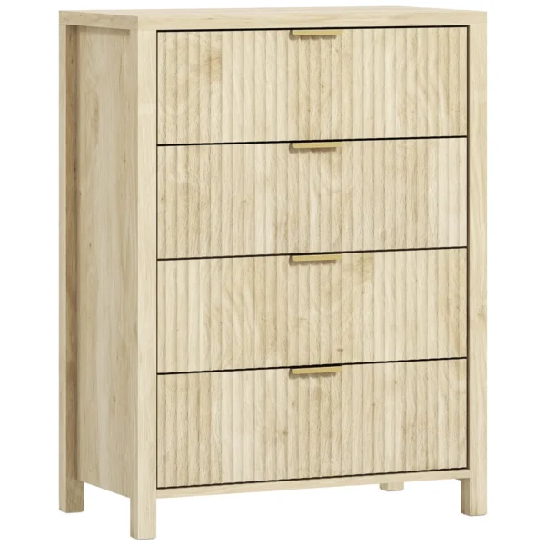 Chest of Drawers with 4 Grooved Drawers and Golden Handles, 70x38x93 cm, Natural Wood