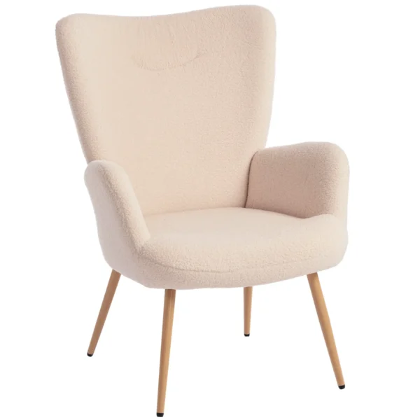 Modern Sherpa Fabric Upholstered Armchair with High Back and Armrests, Beige