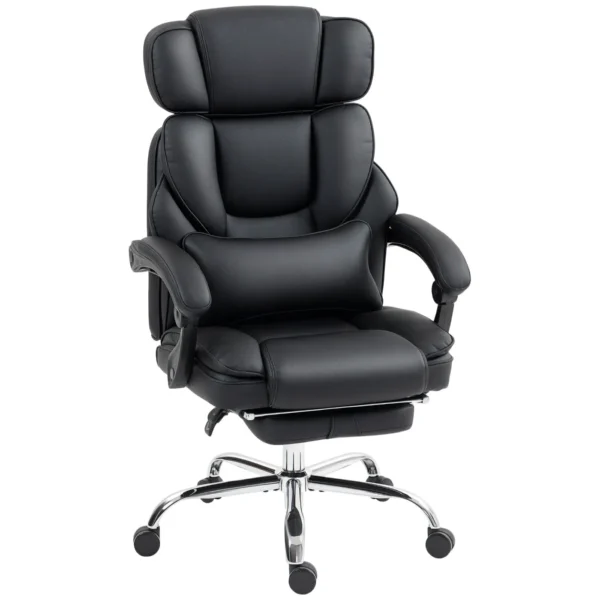 PU Leather Office Chair with Footrest, Adjustable Headrest and Lumbar Support, Black