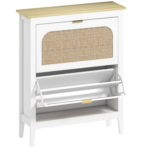 Slim Boho Style Shoe Rack with 2 Folding Drawers for 14 Pairs of Shoes, 80x24x95.5 cm, White