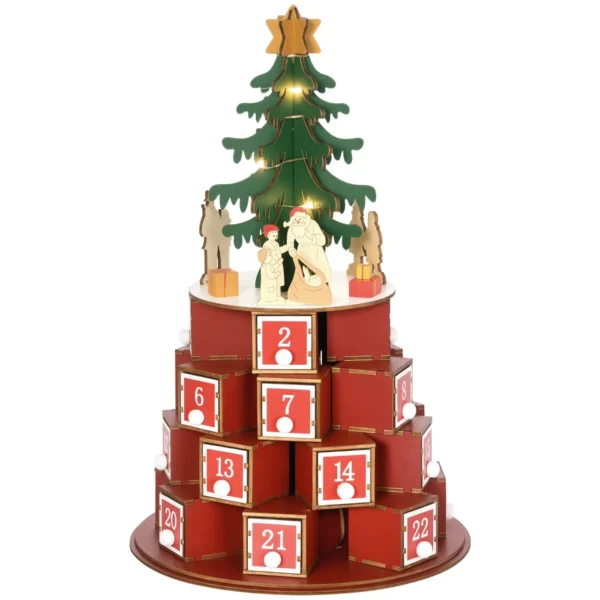 Christmas Cone Advent Calendar with Themed Patterns and 10 LED Lights, 22x22x35 cm, Plywood, Red, Green and Yellow