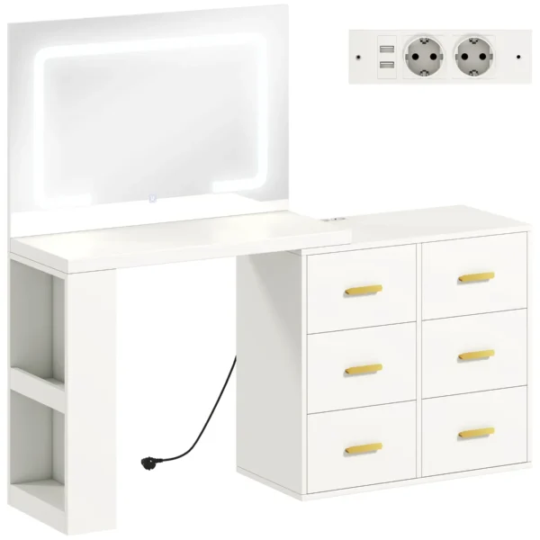 Dressing Table with Mirror and Adjustable LED Lights, 6 Drawers, 2 Shelves and Electrical Sockets, White