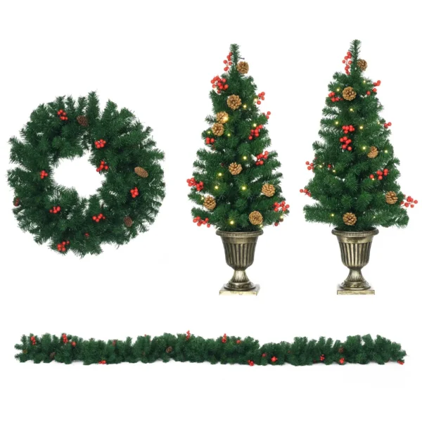 Christmas Decorations, 4-Piece Set with 2 Christmas Trees Φ40x90 cm, Christmas Garland and Christmas Wreath