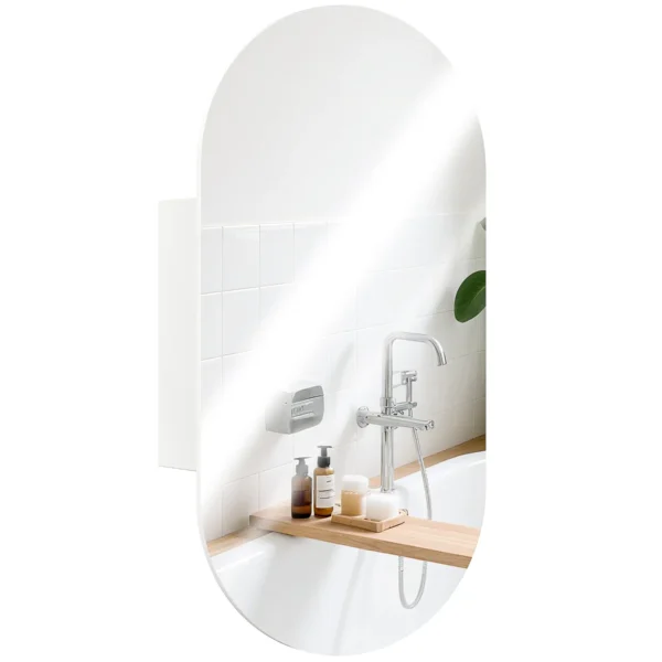 Modern Oval Bathroom Mirror with Cabinet and Two Shelves, 45x90 cm, White