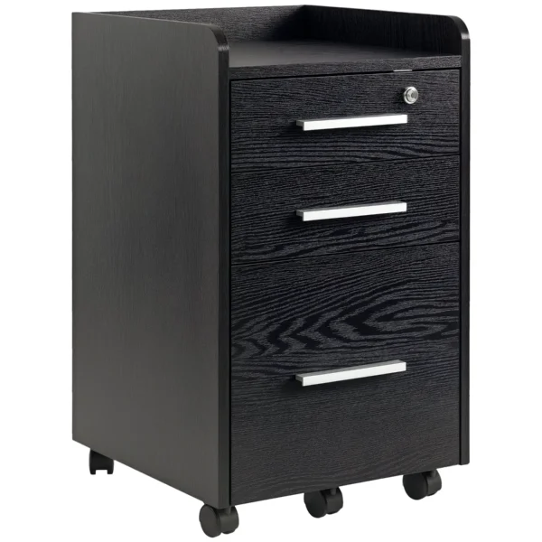 3-Drawer Wooden File Cabinet with Security Keys and 5 Wheels, 39.2 x 40 x 65.4 cm, Black