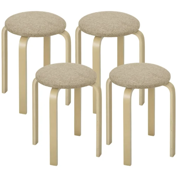 Set of 4 Stackable and Padded Stools with Fabric Upholstery and Wooden Legs, Khaki