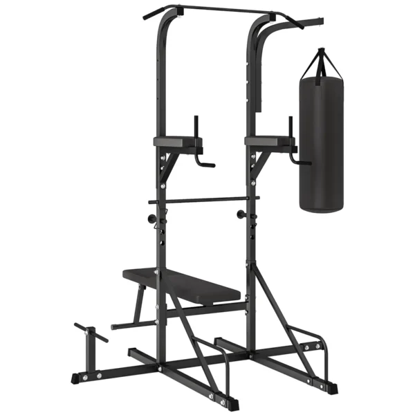 Power Tower with Bench and 20kg Punching Bag, Black Steel Multi-Purpose Station for Total Body Training
