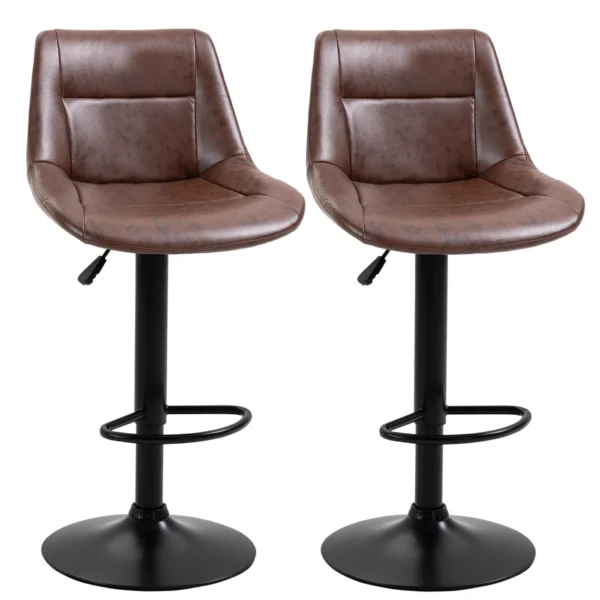 Set of 2 Vintage Brown Faux Leather Bar Stools with Footrest and Round Base, 46.5x50x88-108 cm