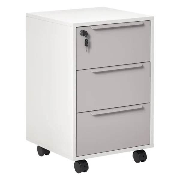 3-Drawer Office Filing Cabinet with Security Keys and 4 Wheels, Wooden, 40x40x63.5 cm, White and Grey