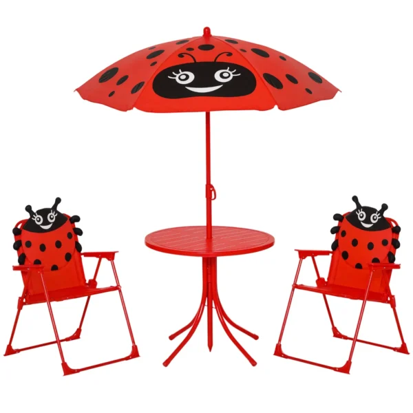 Garden Table and 2 Folding Chairs Set, Outdoor Table and Chairs with Umbrella for Children in Metal and Polyester, Red