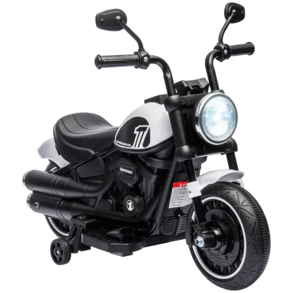 Electric Motorcycle for Children 18-36 Months with Training Wheels and Headlight, 76x42x57 cm, White and Black