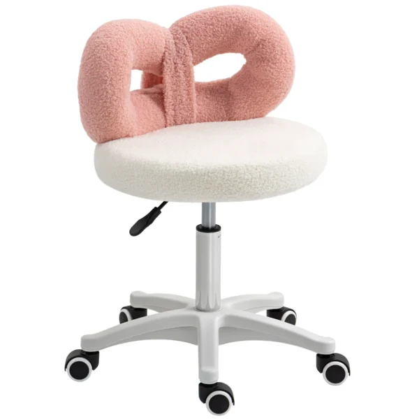 Height-Adjustable Swivel Stool with Arched Backrest, Teddy Fabric, 50x50x63-77 cm, White and Pink