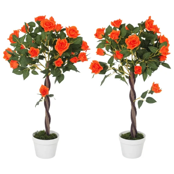 21-Flower Artificial Camellia Plant with Cement and Moss Pot, Ø18x90 cm, Orange