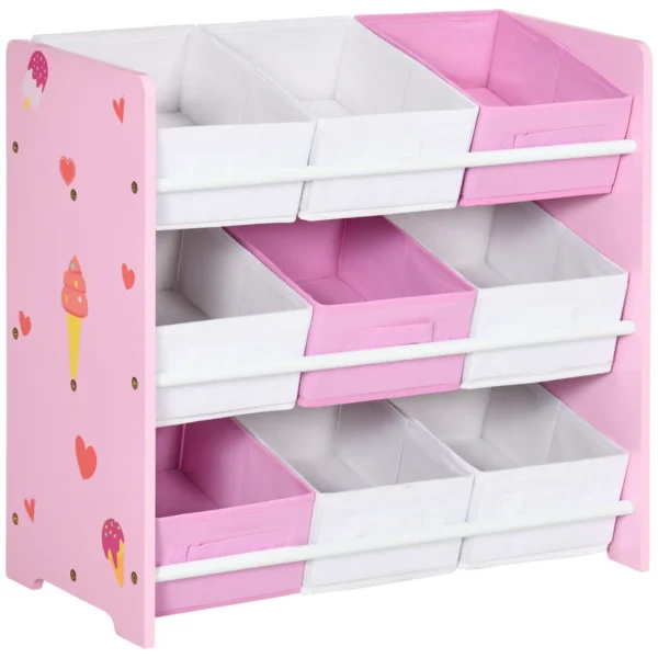 Toy Cabinet with 9 Removable Baskets in Wood and Fabric, 63x30x60 cm, Pink and White