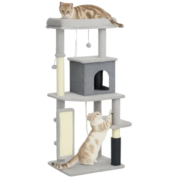132cm High Multi-Level Cat Tree with House, Bed, Scratching Posts, Brush and Ball, Grey