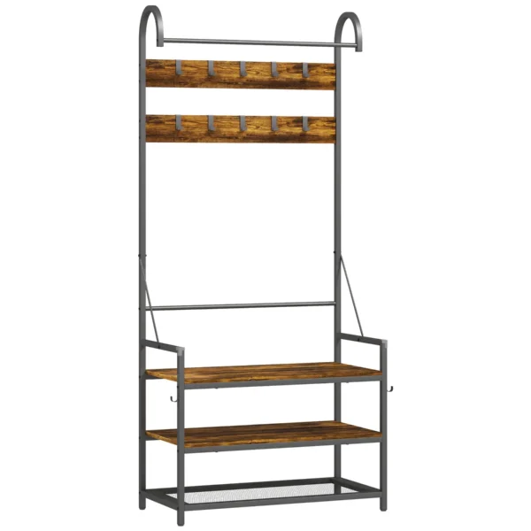 Hallway Coat Rack with 10 Hooks, Bench and Shoe Rack, Wood and Metal, 80x40x182 cm, Brown and Black