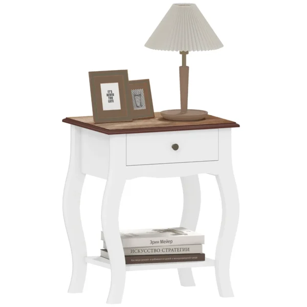 French Style Wooden Nightstand with Drawer and Open Shelf, 45x35x55 cm, White and Oak