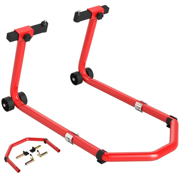 Motorcycle Front and Rear Stand with 390 kg Capacity, U and L Forks, Non-Slip Wheels and Pads, Red
