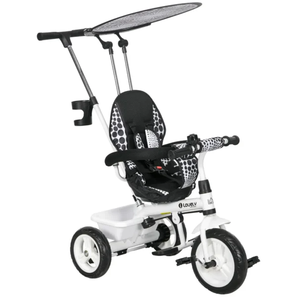 Children's Tricycle with Push Handle, Canopy, Safety Bar and Playpen, 105x47x89 cm, White and Black