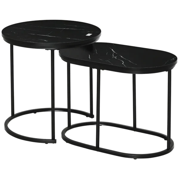 Set of 2 Coffee Tables with Marble Effect Top, in Wood and Steel, Ø50x50.5 cm and 60x36x43.5 cm, Black