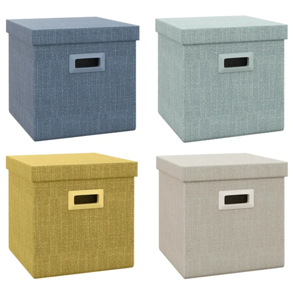 Set of 4 Fabric Closet Storage Boxes with Lids and Foldable 30x30x29cm, Blue, Cream, Green and Light Grey