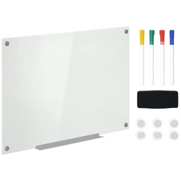 Glass and Aluminum Whiteboard with 4 Colored Markers and Eraser, 90x60x0.4 cm